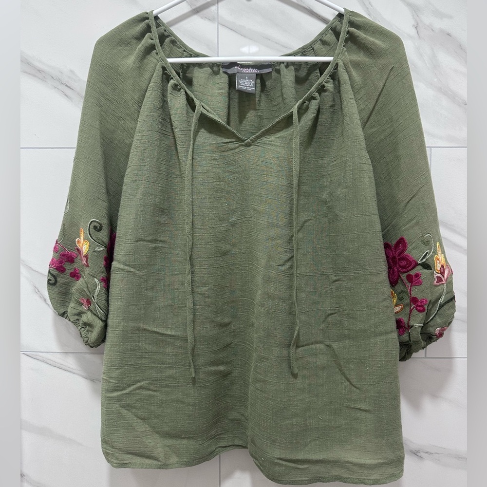 Olivia & Martin Women Peasant Floral Embroidered Tunic 3/4 Sleeve Blouse size S